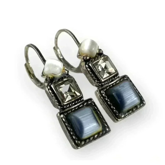 Rhinestone Square Trio Cabochon Silver Tone Metal Earrings 1.5" Jewelry - Picture 1 of 9